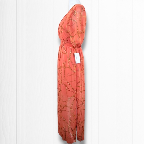 Enfocus Studio Orange V-Neck Short Sleeve Chain Print Maxi Dress Size 6 - Picture 4 of 9